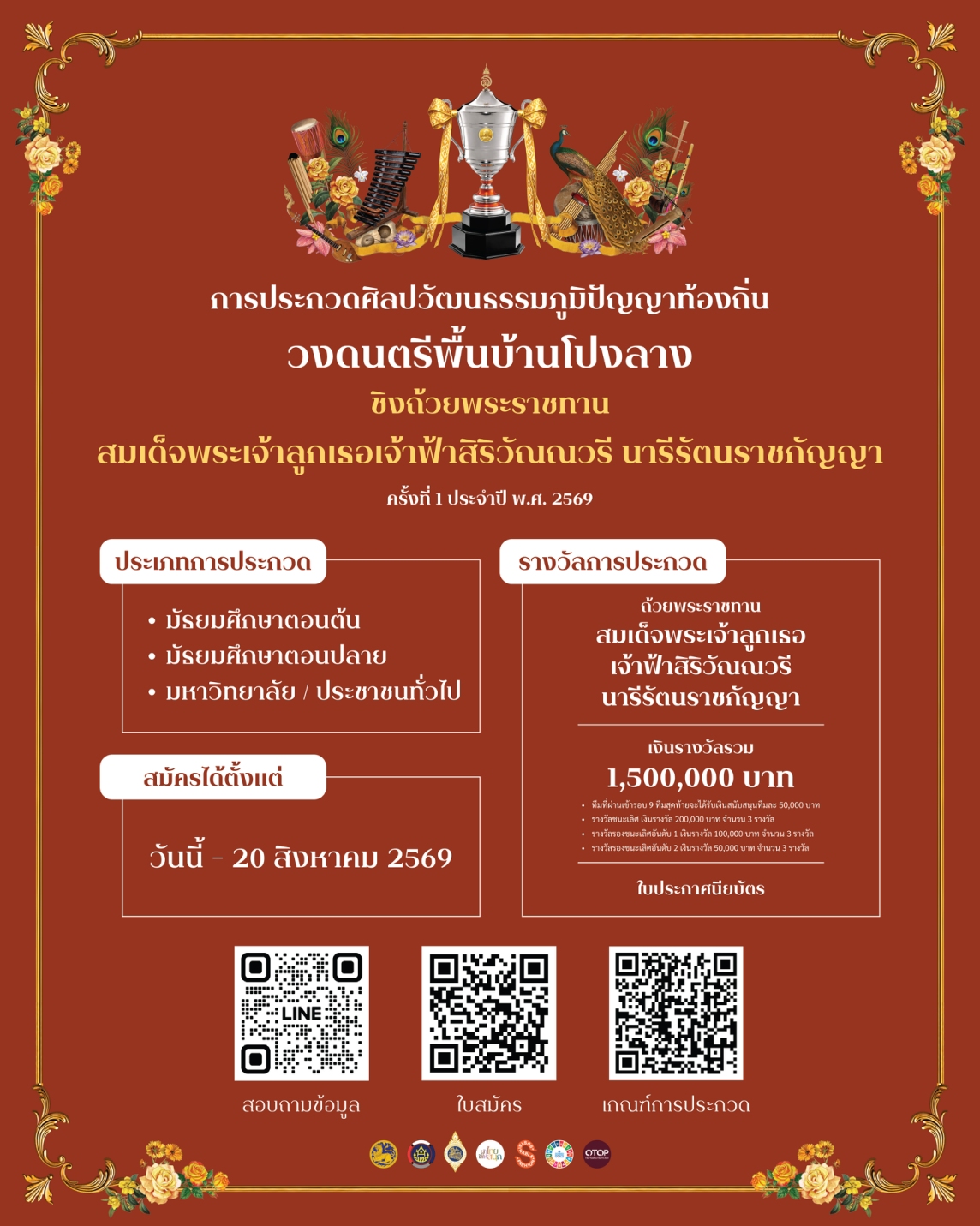 ขอเชิญชวนร่วมสืบสานศิลปวัฒนธรรมภูมิปัญญาท้องถิ่น ประกวดวงดนตรีพื้นบ้านโปงลาง ชิงถ้วยพระราชทาน ครั้งที่ 1 ประจำปี 2569